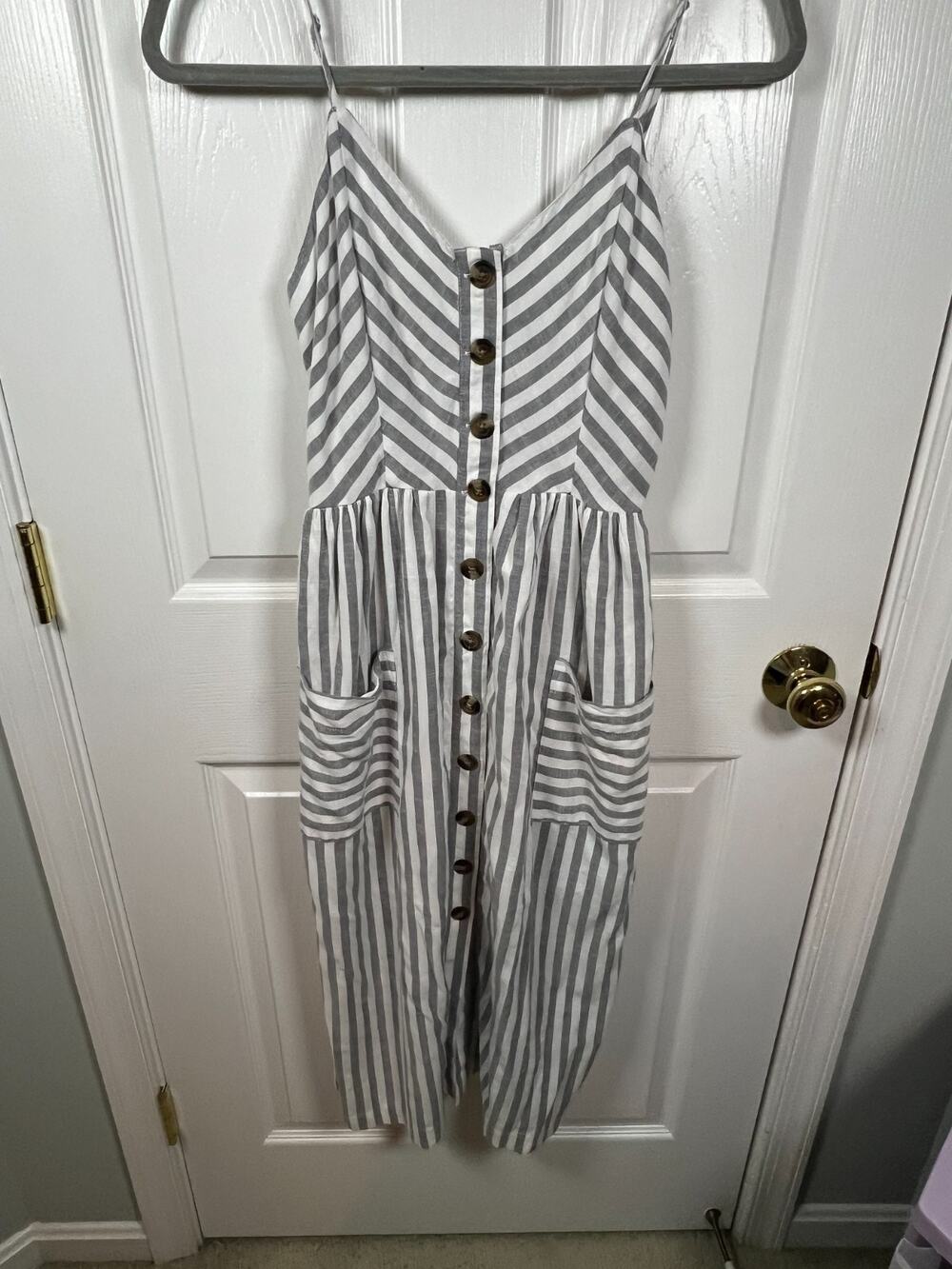American Eagle Gray White Striped Button Front Midi Sundress Pockets Small (IN18